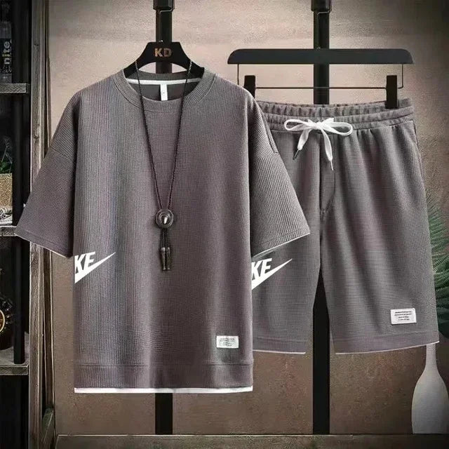 2025 Sports fashion casual men's suit summer Korean men's short-sleeved T-shirt + five-point shorts two-piece set
