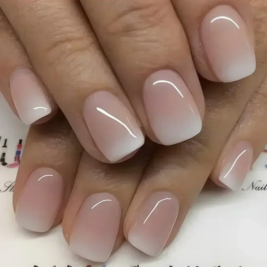 24Pcs Glitter Pink Gradient False Nails Wearable French Fake Nail with Rhinestone Designs Short Ballet Press on Nails Manicure